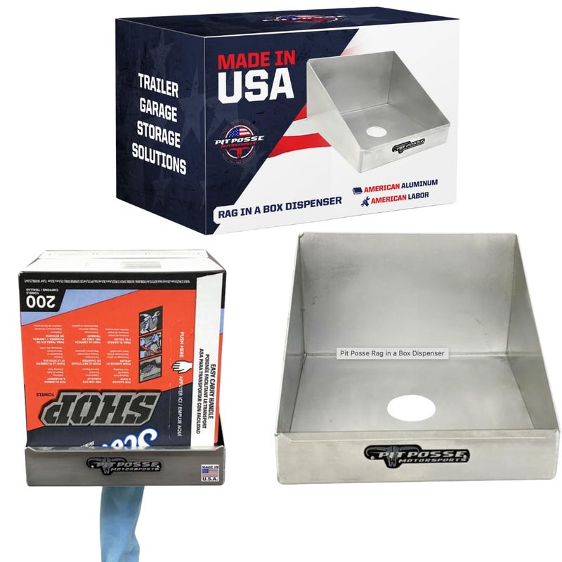 Pit Posse 474 Rag in a Box Dispenser Holder Rack - Made in USA - Paper Towel Garage Race Trailer Mechanics Shop Storage Workspace Aluminum Organizer (Silver) Small Size 9.5L x9.5W x 6H - Image 1